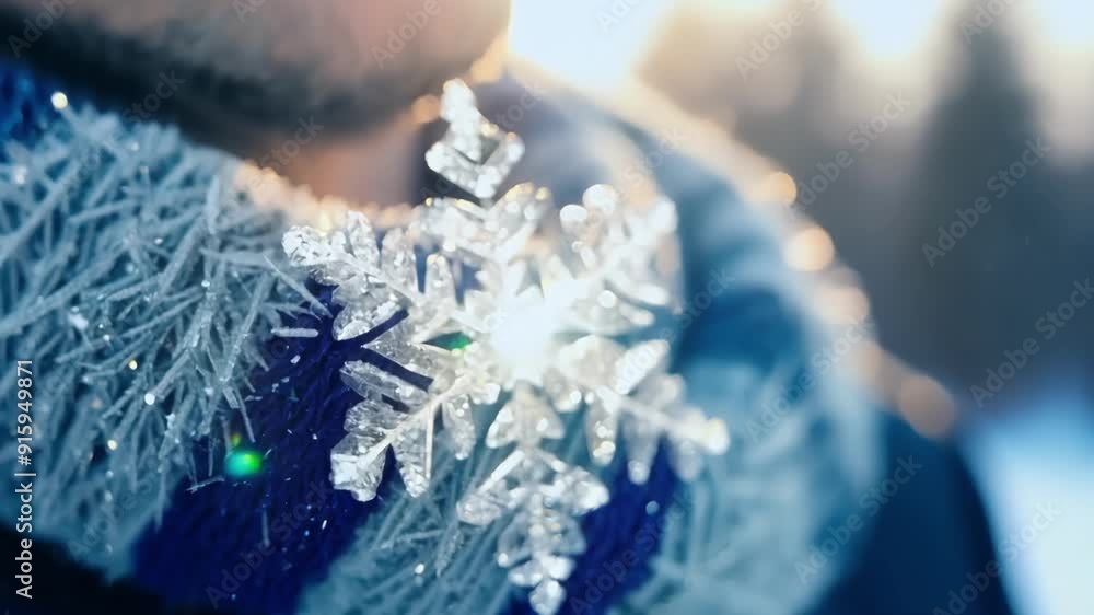 Poster a closeup of a snow crystal on a persons scarf with the light reflecting off the crystals surface an