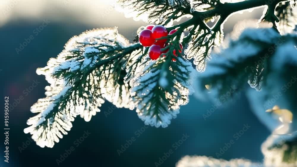 Poster a of evergreen needles coated in a layer of frost and revealing a hint of red berries hidden beneath