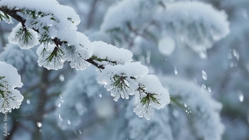 Poster Fresh snowflakes delicately resting on the feathery branches of a dormant shrub creating a winter wonderland scene.