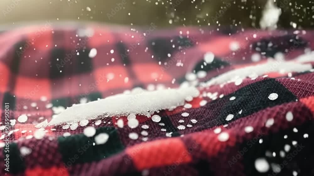 Poster tiny snowflakes delicately falling and settling on a cozy flannel fabric adding a touch of winter ma