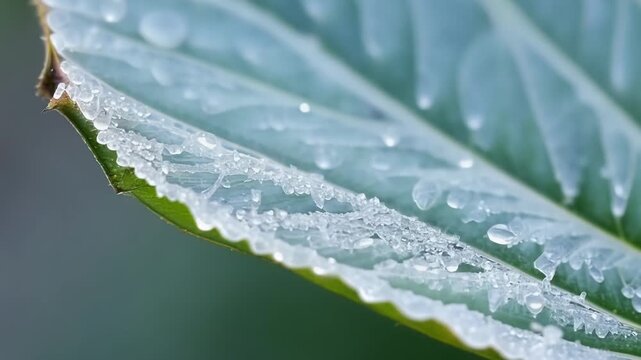 The delicate s of a single leaf ly visible through the icy crystals that cling to its surface.