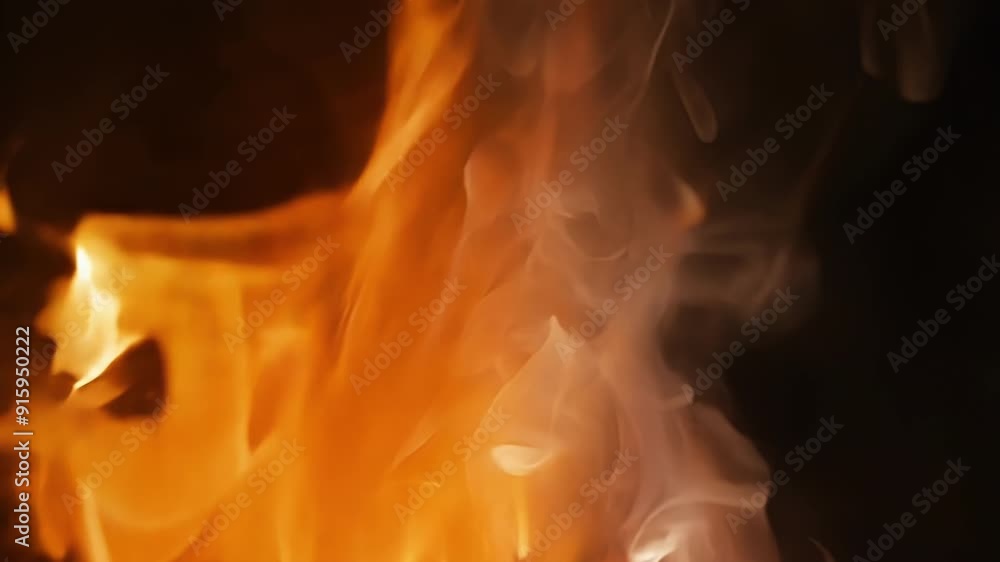 Poster closeup of a blazing bonfire capturing the intricate details of the crackling wood and the mesmerizi