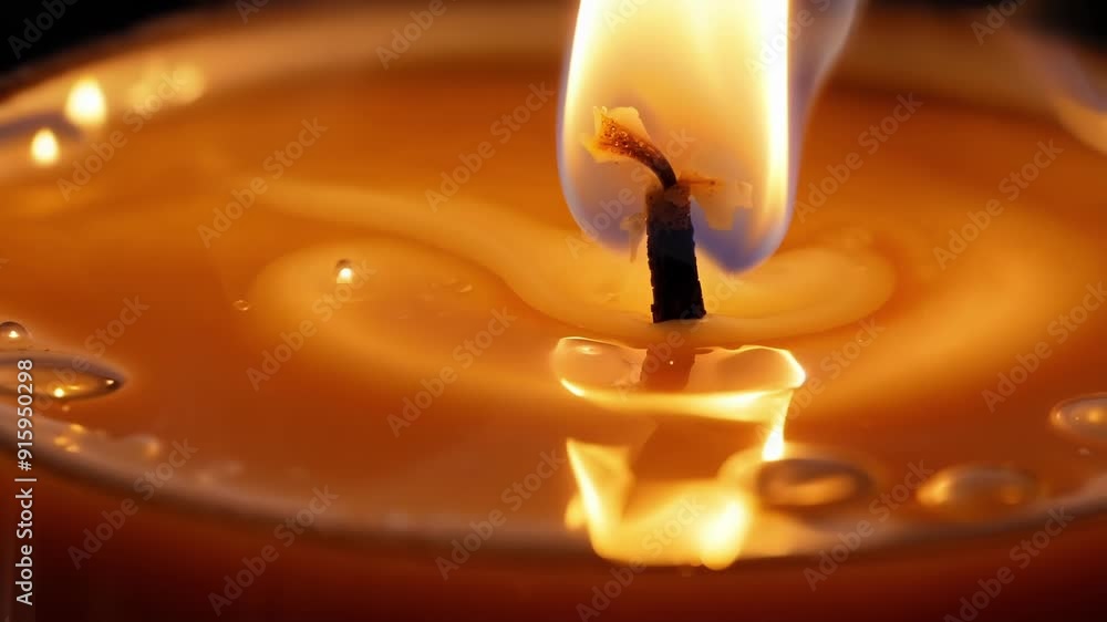 Poster Macro shot of a melting candle with the flame flickering in the reflection of the slowly pooling liquid wax.