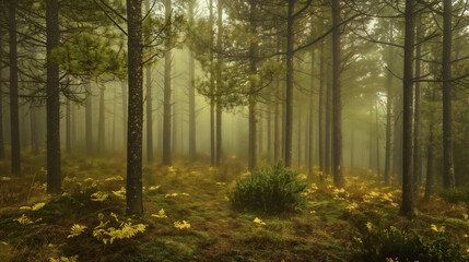 Fototapeta premium Fir trees that grow deep in the forest, with recognizable dried brown needles falling underneath, from fir trees.