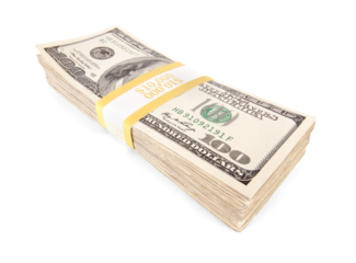 Stack of Ten Thousand Dollars Worth of One Hundred Dollar Bills Isolated. Transparent PNG.