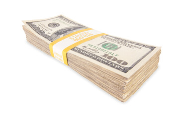 Stack of Ten Thousand Dollars Worth of One Hundred Dollar Bills Isolated. Transparent PNG.