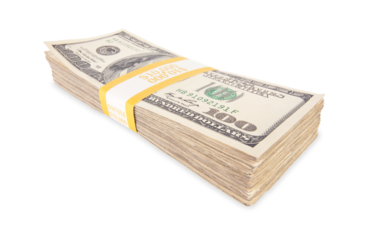 Stack of Ten Thousand Dollars Worth of One Hundred Dollar Bills Isolated. Transparent PNG.