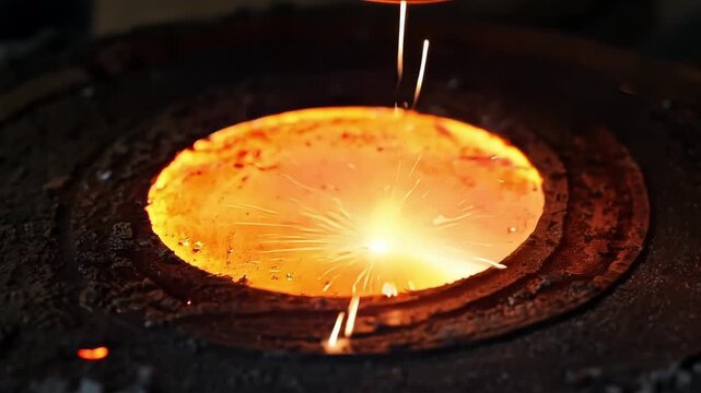 Extreme closeup of a redhot piece of metal being hammered by a blacksmith throwing sparks and glowing in the intense heat.