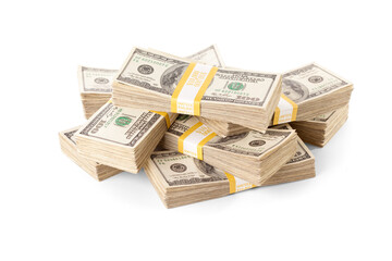 Ten Thousand Dollar Stacks of One Hundred Dollar Bills Isolated. Transparent PNG.