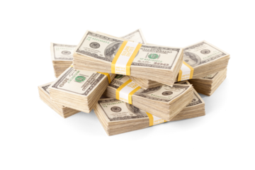 Ten Thousand Dollar Stacks of One Hundred Dollar Bills Isolated. Transparent PNG.