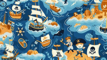 A lively design showcases pirates, ships, treasures, and playful nautical elements against a vibrant ocean backdrop