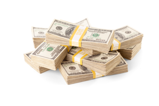 Ten Thousand Dollar Stacks of One Hundred Dollar Bills Isolated. Transparent PNG.