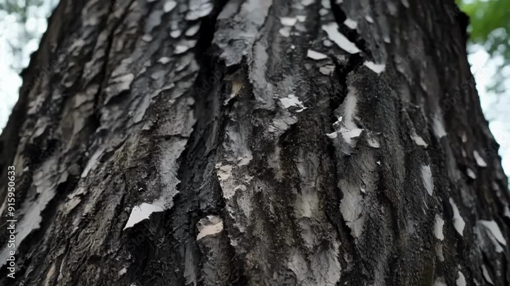 Poster A detailed look at the intricate layers of bark on a burned tree trunk the rough texture blackened and charred by the intense heat.