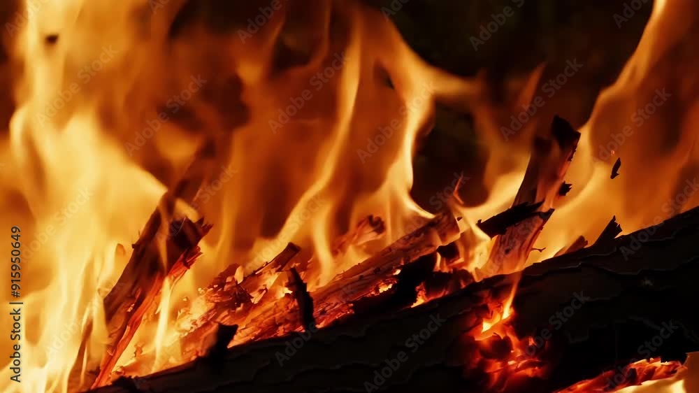 Poster a tight shot of a flaming branch crackling and popping the intense heat emanating from it almost pal