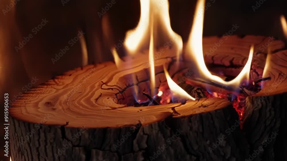 Aufkleber A zoomedin shot of a delicate flame dancing atop a log the flickering light illuminating the intricate patterns of wood grain.