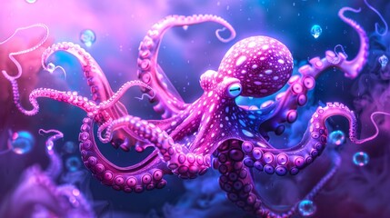 Obraz premium Mystical purple octopus in a vibrant underwater scene. This digital artwork captures the beauty of the aquatic world. Perfect for ocean-themed designs, marine biology concepts