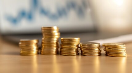 Financial Success Concept with Stacked Coins and Ascending Line Graph Background