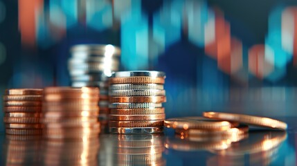 Stacked coins with ascending line graph in the background, financial growth, investment success 