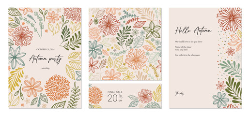 Trendy abstract Thanksgiving poster, seamless pattern, invitation, cover. Set of abstract universal creative Autumn vector templates. Children and floral design in doodle style.