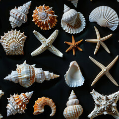 Obraz premium many sea shells and starfish on a black background