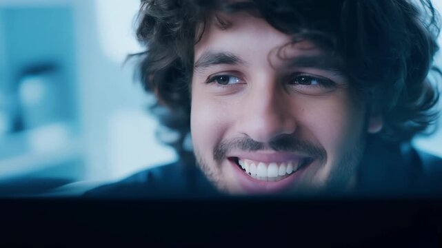 A closeup of a game developers face as they joyfully watch a successful demo of their latest creation on the computer monitor.