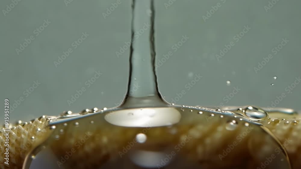 Poster a droplet of water slowly being absorbed by a sponge with tiny bubbles forming on the surface.