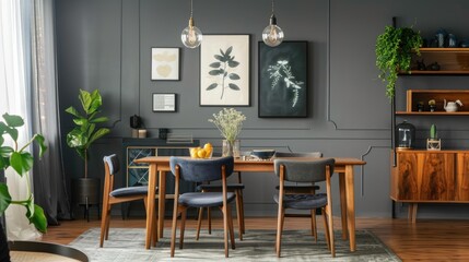 Wooden table and four chairs in grey dining room with art poster and decorated cupboard