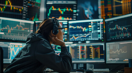 A focused individual analyzing stock market data on multiple screens.