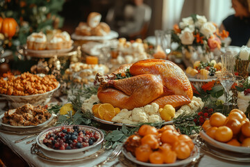 Fototapeta premium thanksgiving day, a large family is sitting at a festive table, there is a lot of food and a baked turkey on the table,generative ai
