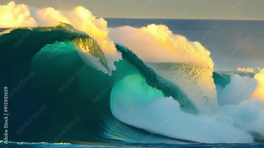 Poster detailed view of a wave cresting and creating a rainbow as the sunlight hits the water droplets in t