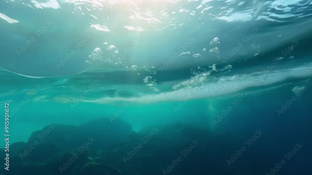 Poster Dynamic shot from underwater of a wave passing overhead with sunlight filtering through and creating a mesmerizing effect.