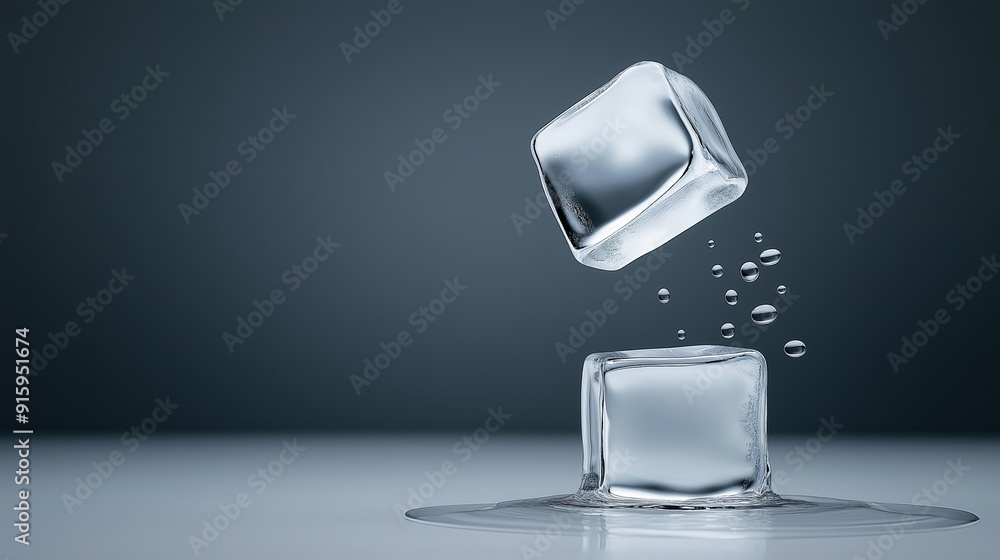 Poster two ice cubes on a black background. the cubes are clear and shiny. the image has a cold and refresh