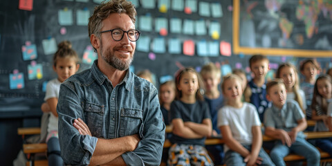 Obraz premium a modern teacher, standing in front of a class, in a modern school, teaching kids.generative ai