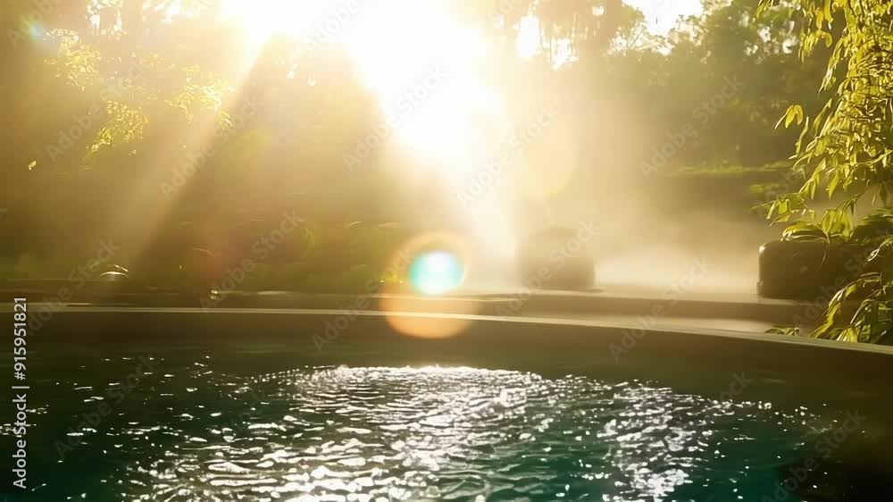 Poster A delicate veil of mist hovers above the pool illuminated by the warm rays of sunlight that filter through the trees surrounding the waterfall.