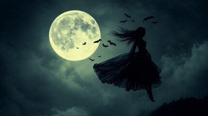 Fototapeta premium Silhouette of Witch Flying with Bats Against Full Moon in a Cloudy Night Sky