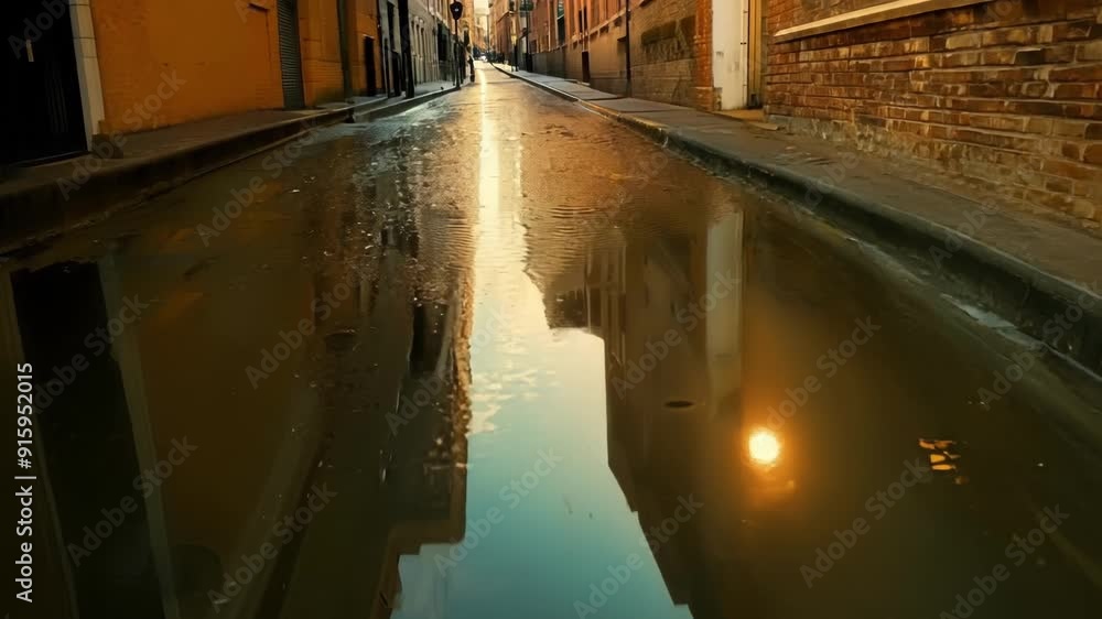 Poster In a dimly lit alleyway a lone streetlight casts a warm glow onto the surface of a puddle capturing the citys urban charm in its mirrored image.