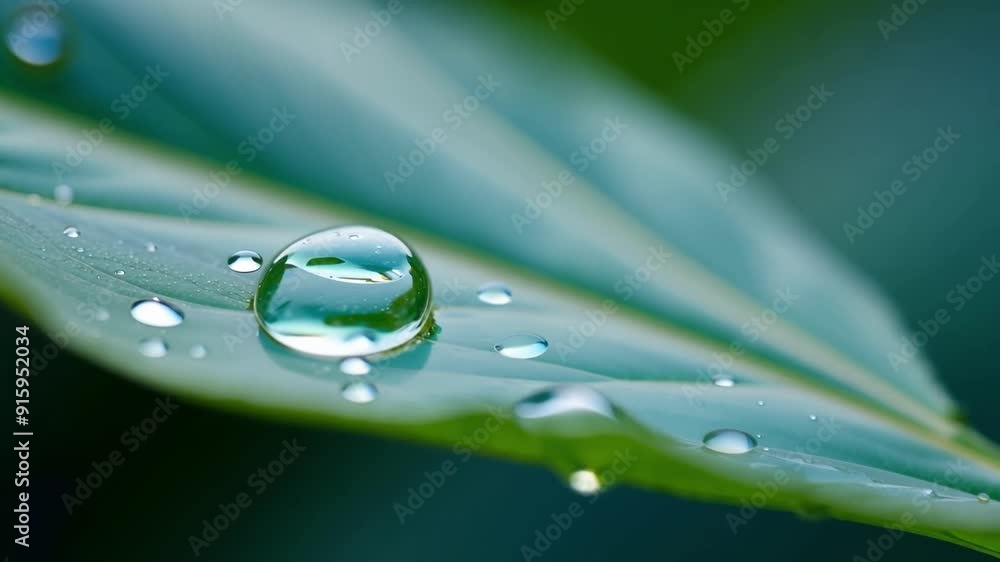 Poster slowmotion footage of water droplets slowly gathering on the surface of a leaf each one perfectly sp