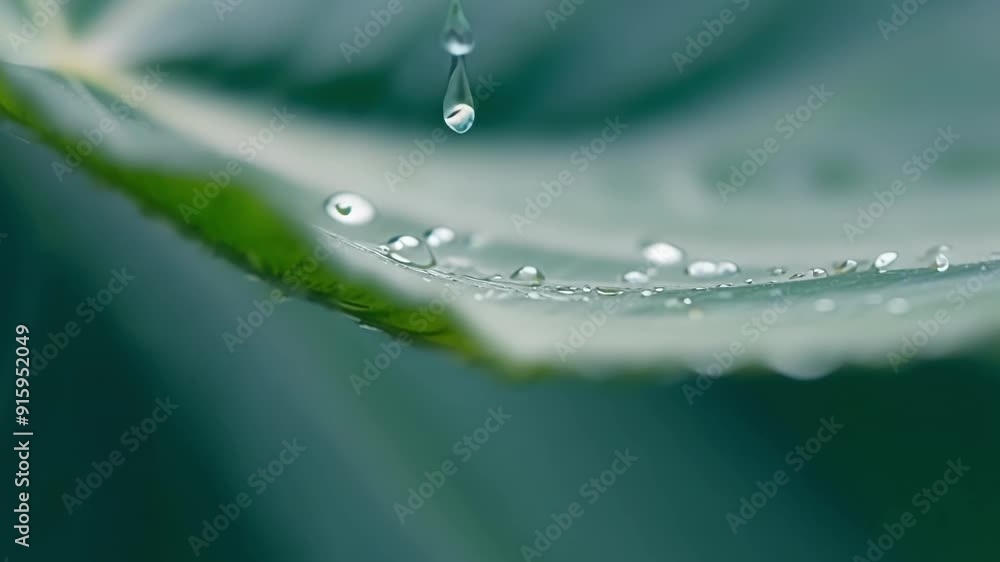 Poster slowmotion footage of a water droplet rolling off the edge of a leaf revealing the tiny divots and i
