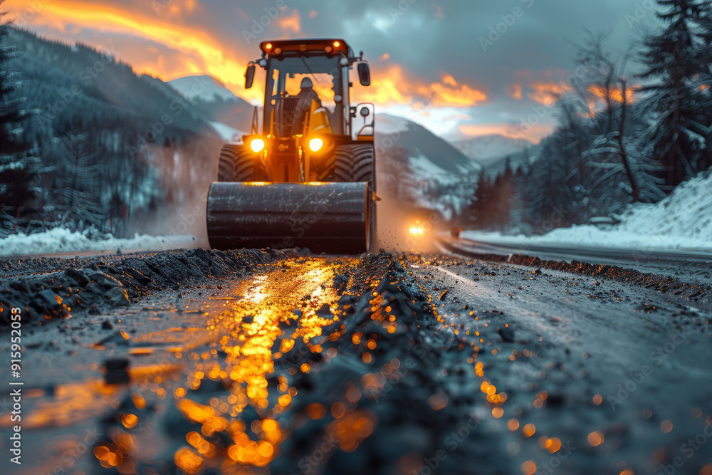 Poster engineers and worker are working on road construction.generative ai
