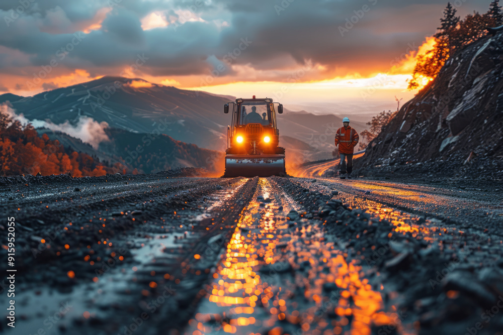 Poster engineers and worker are working on road construction.generative ai