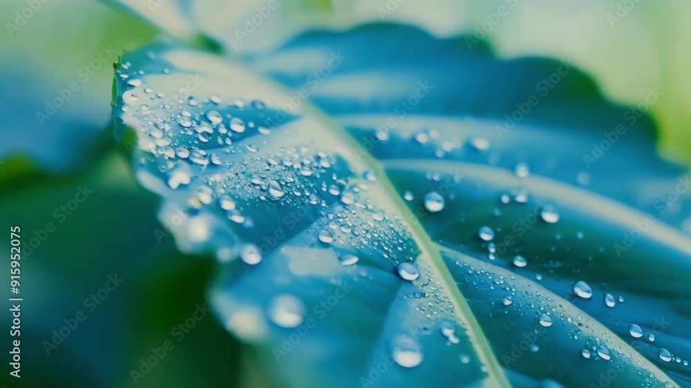 Poster a timelapse of a leaf slowly being covered in water beads the droplets growing in size and number as