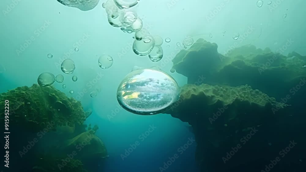 Fototapete A mesmerizing closeup of bubbles cascading down a surreal underwater landscape giving the impression of being in a different world.