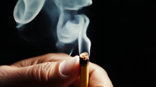 Intense closeup of a persons hand holding a lit cigarette with the smoke curling and twisting upward in a sinuous pattern.