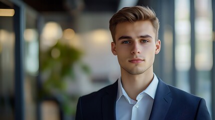 photography of a young entrepreneur with a determined expression, the portrait image reflecting his ambition and drive to succeed in the business world, blurred office as background