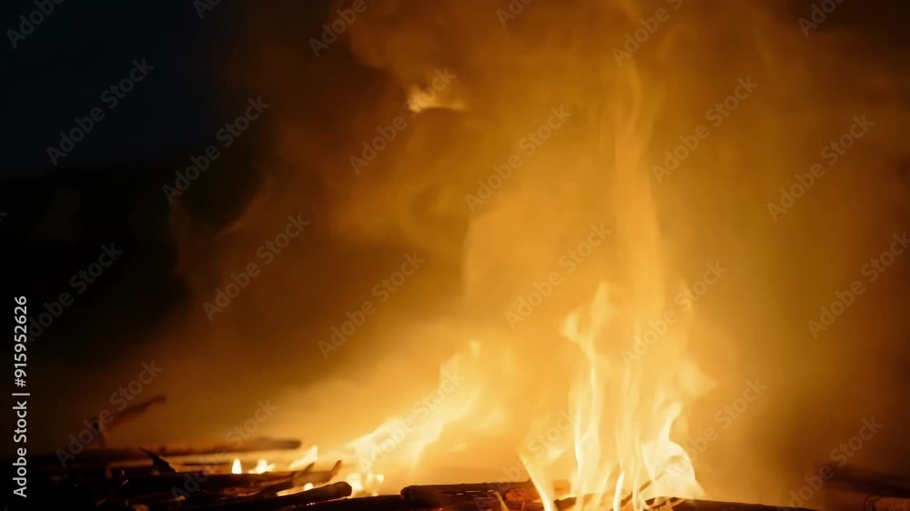 Poster the warm golden light of the campfire contrasts with the billowing dark smoke casting a mesmerizing 