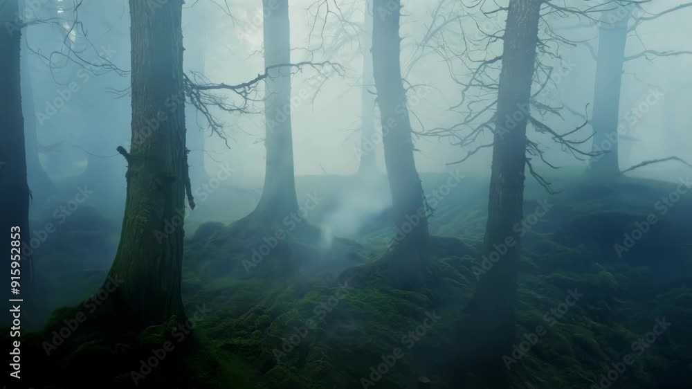 Aufkleber Smoke ss its way in intricate patterns through the forest blending with the mist and creating an eerie otherworldly atmosphere.