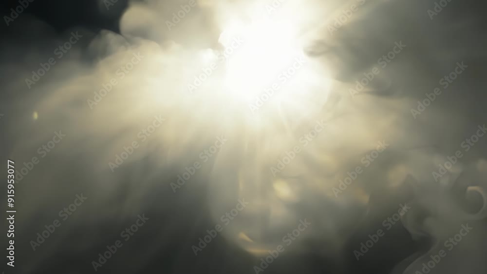 Poster Sunbeams shine through the thick smoke creating a stunning contrast of light and shadow.