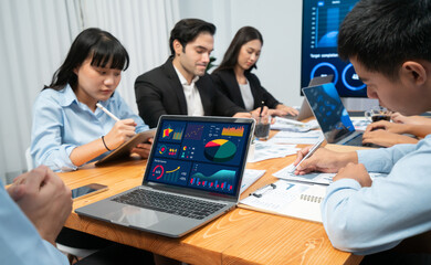 Financial data analysis dashboard by Fintech BI or business intelligence display on laptop screen to in-depth financial data analysis by business people working on business marketing. Habiliment