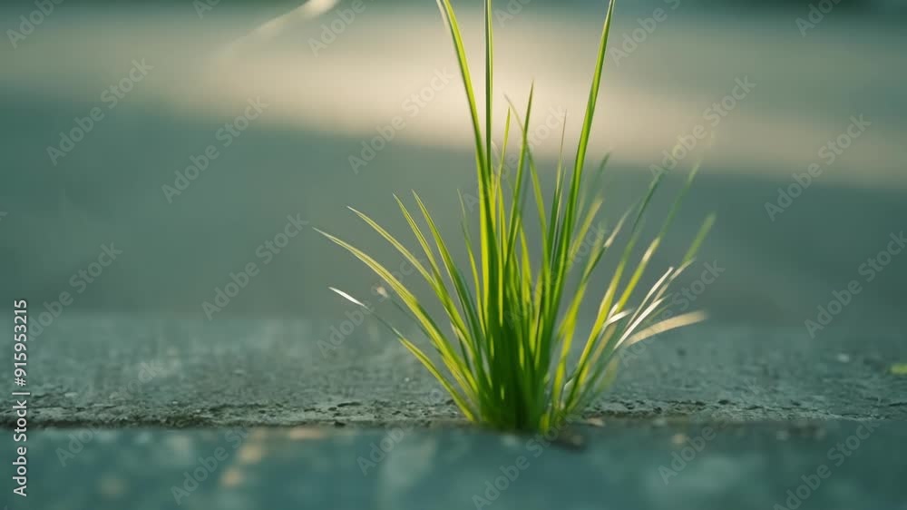 Poster a closeup shot shows a lone strand of grass poking through a crack in the concrete a symbol of resil