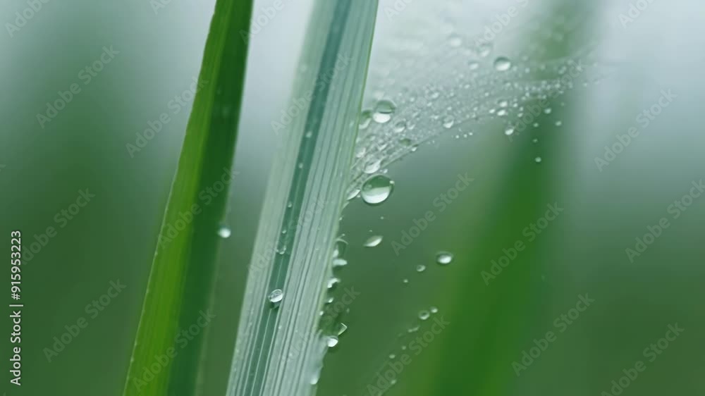 Poster In extreme closeup the lens captures the intricate patterns and textures of a single blade of grass lined with delicate s and tiny droplets of water.
